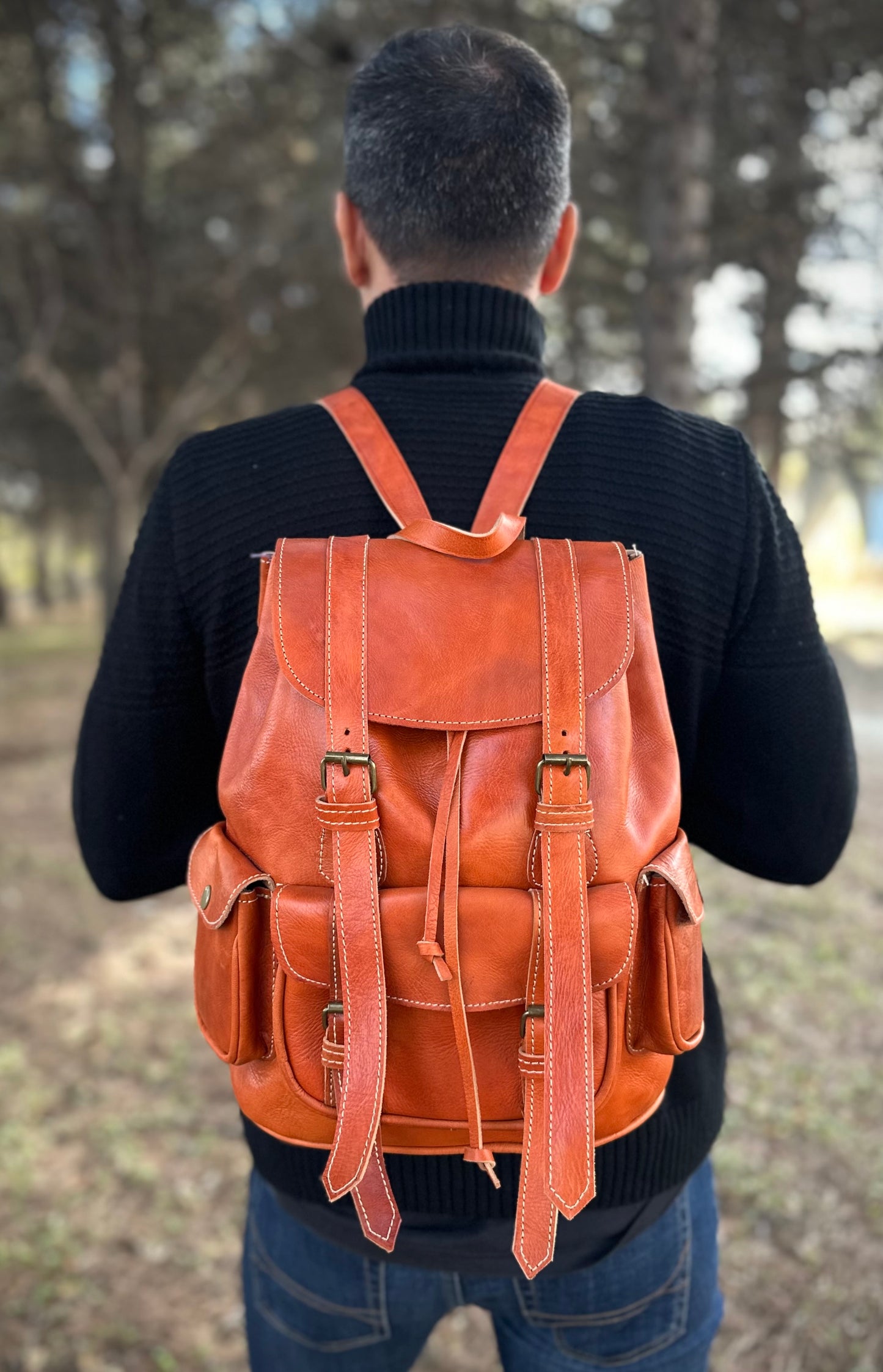 MOCHILA GRANDE DE COURO NATURAL TERRAC | 3 cores
