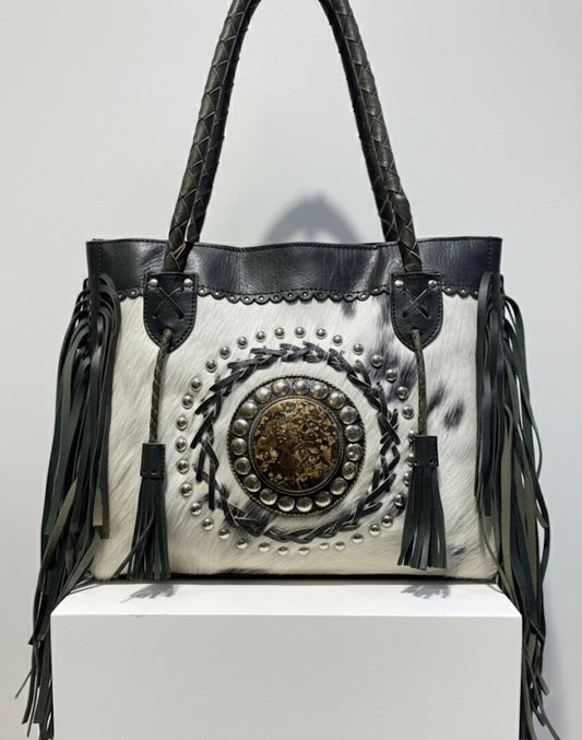BOLSO DE PIEL CON PELO NATURAL Y FLECOS BOHO-WESTERN
