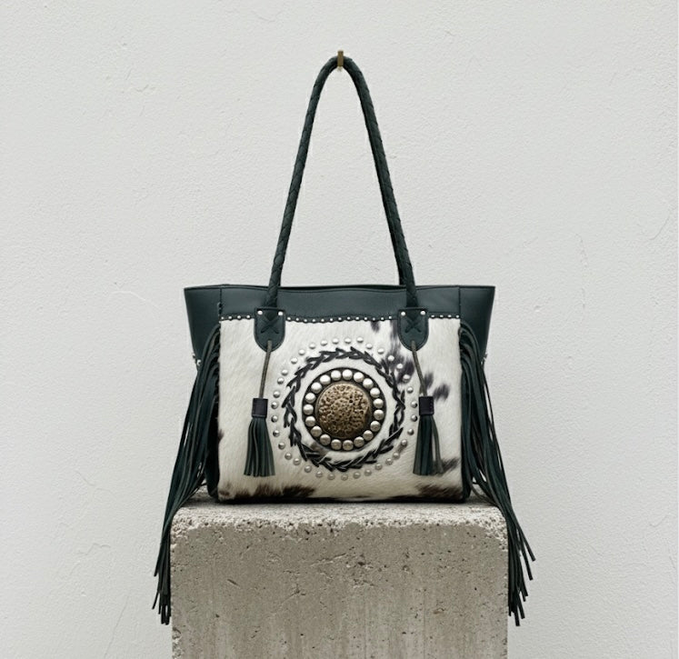 BOLSO DE PIEL CON PELO NATURAL Y FLECOS BOHO-WESTERN MARRÓN| 2 colores