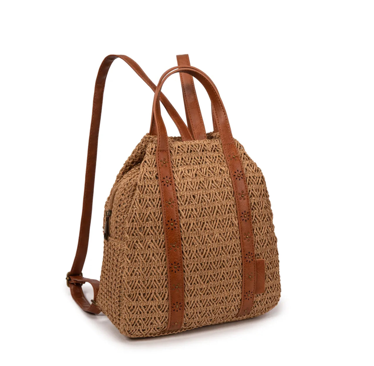 Mochila de Rafia con detalles en cuero PU florecitas | 2 colores