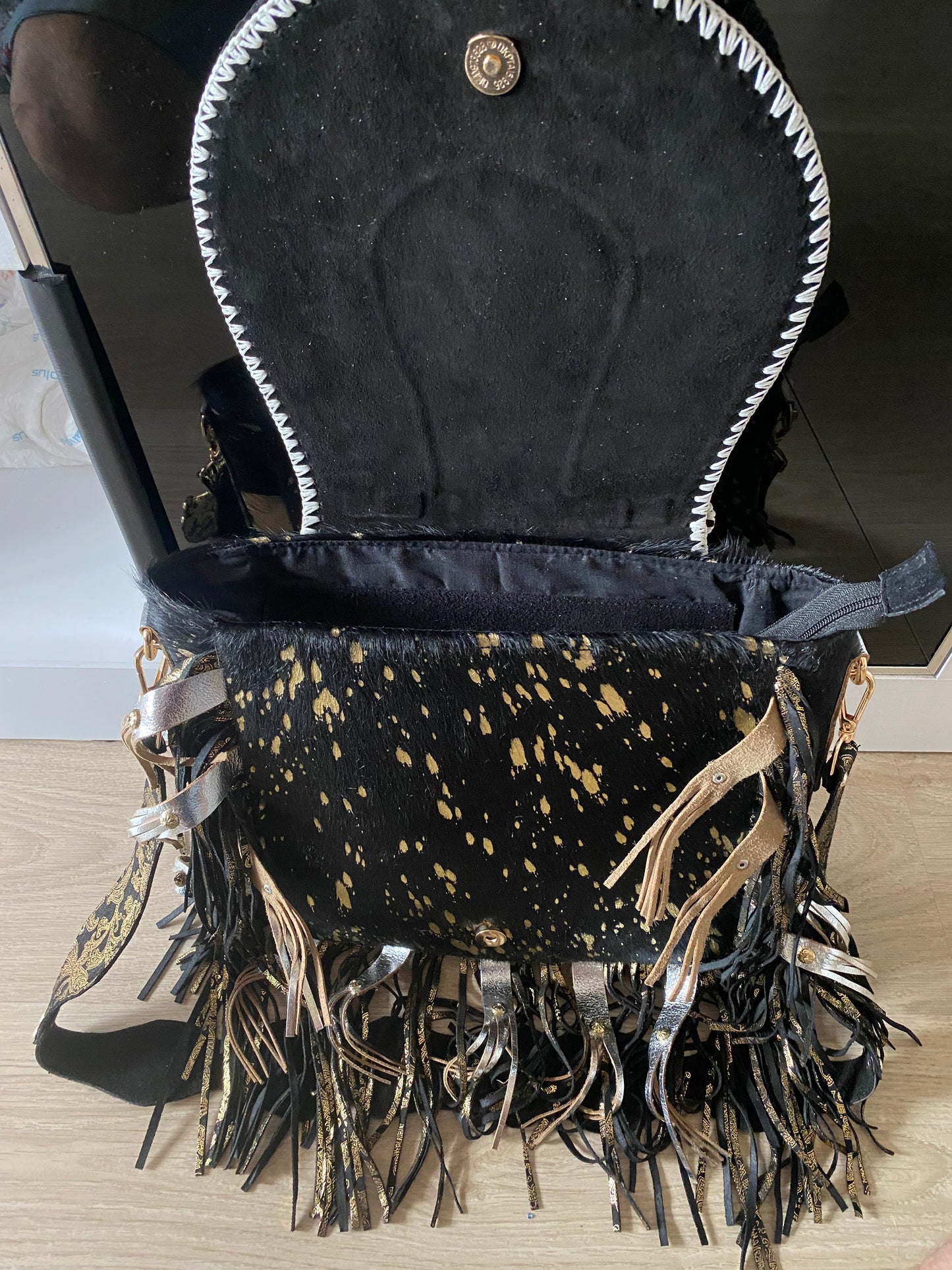 SAC BOHO IBIZAN EN CUIR ET CRISTAUX BLANCS ET DORÉS | 3 couleurs