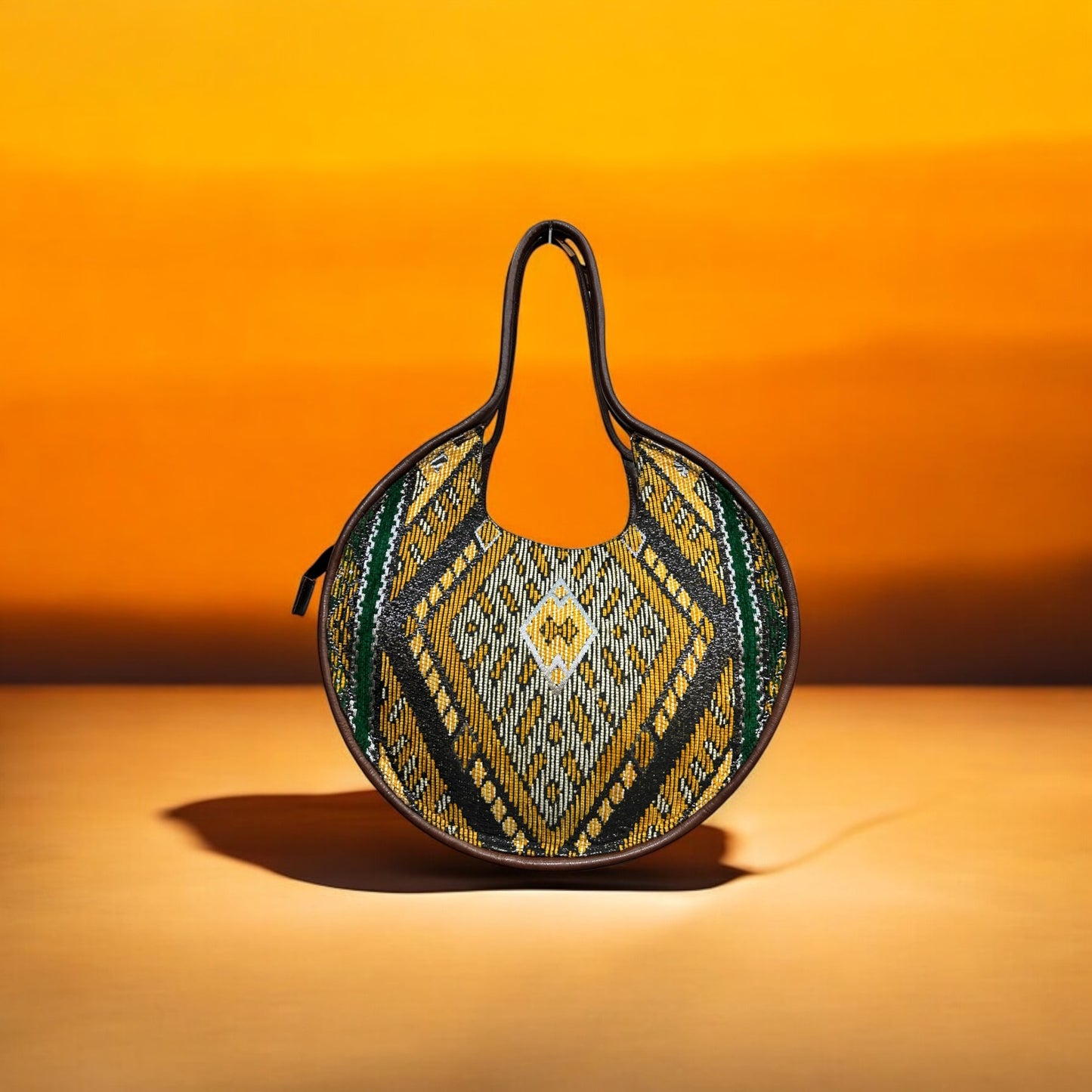 BOLSO DE PIEL Y KILIM GRANDE REDONDO ÉTNICO AZUL Y NEGRO | 2 colores