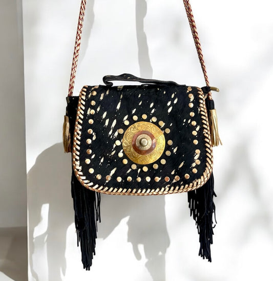 BOLSO DE PIEL INDIA ESTILO BOHO CHIC NEGRO Y DORADO | 4 colores