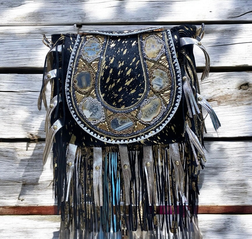 SAC BOHO IBIZAN EN CUIR ET CRISTAUX BLANCS ET DORÉS | 3 couleurs