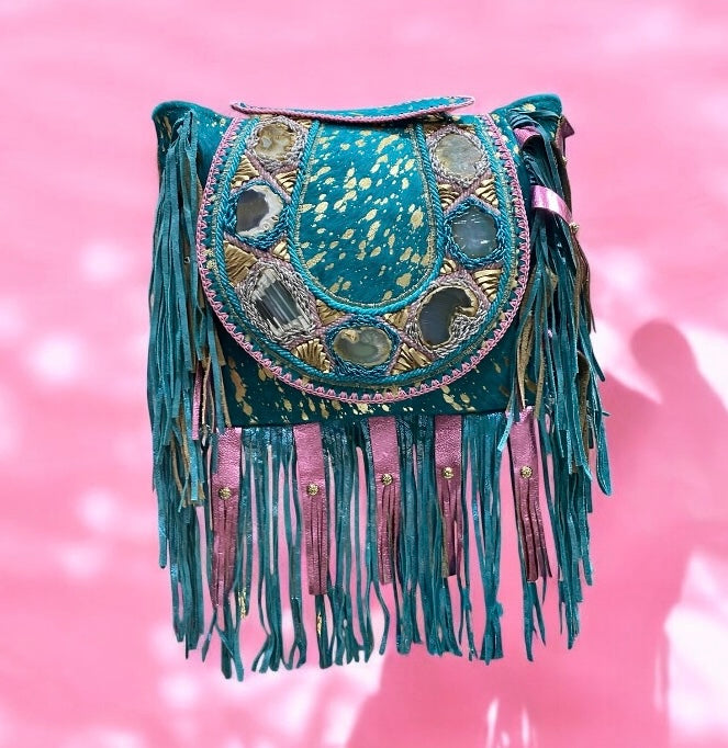 SAC BOHO IBIZAN EN CUIR ET CRISTAUX BLANCS ET DORÉS | 3 couleurs