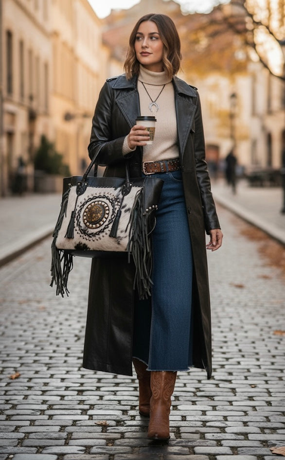 BOLSO DE PIEL CON PELO NATURAL Y FLECOS BOHO-WESTERN