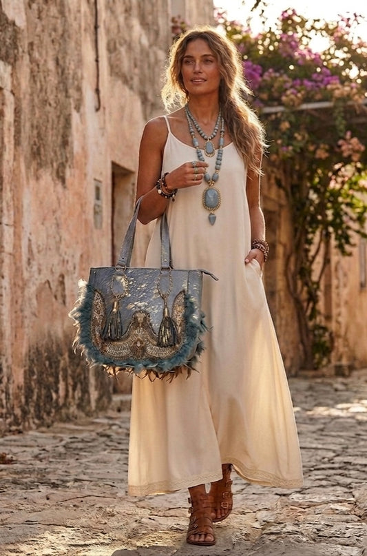 BOLSO BOHO CHIC PIEL CON PLUMAS Y BORDADO AZUL | 3 colores