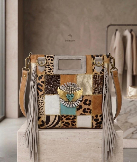 CARTERA DE MANO PIEL ESTILO BOHO CHIC ANIMAL PRINT CORAZÓN | Colores y combinaciones mixtas (Copia)