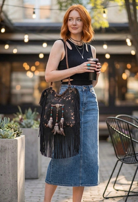 BOLSO BOHO CHIC CUADRADO CABEZA BÚFALO Y FLECOS NEGRO | 2 colores