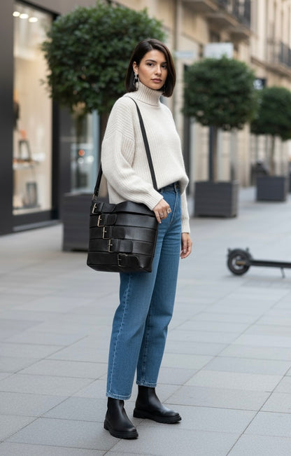 BOLSO DE HOMBRO DE CUERO CON HEBILLAS