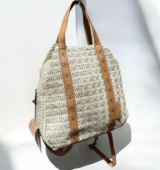 Mochila de Rafia con detalles en cuero PU florecitas | 2 colores
