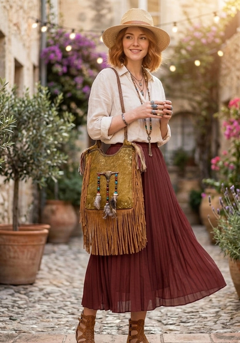 BOLSO BOHO CHIC CUADRADO CABEZA BÚFALO Y FLECOS NEGRO | 2 colores