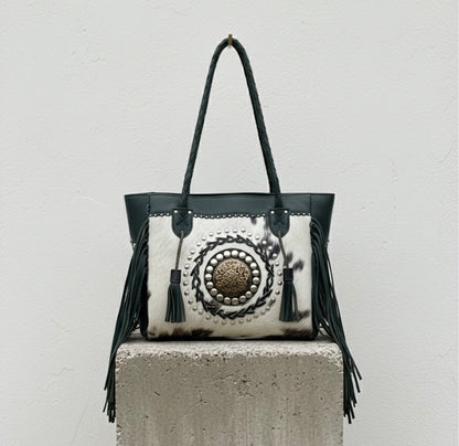 BOLSO DE PIEL CON PELO NATURAL Y FLECOS BOHO-WESTERN