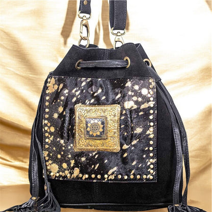 BOLSO BOMBONERA BOHO CHIC PIEL NEGRO Y DORADO
