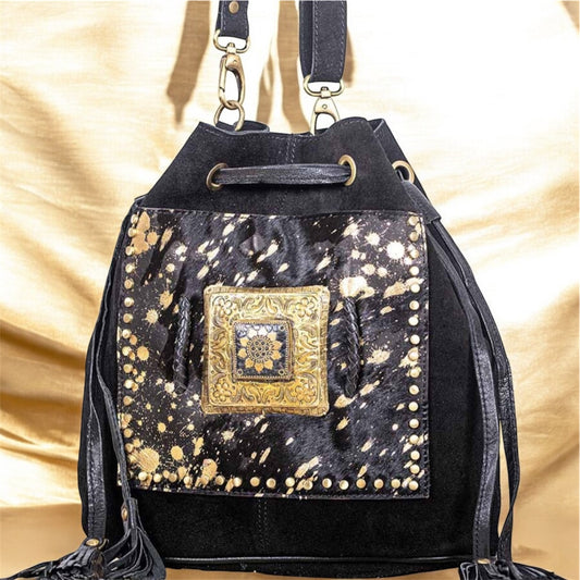 BOLSO BOMBONERA BOHO CHIC PIEL NEGRO Y DORADO