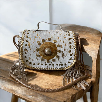 BOLSO DE PIEL INDIA ESTILO BOHO CHIC NEGRO Y DORADO | 4 colores
