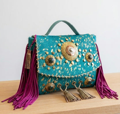 INDIAN LEATHER BOHEMIAN BAG IN BLUE AND FUCHSIA | 3 colors