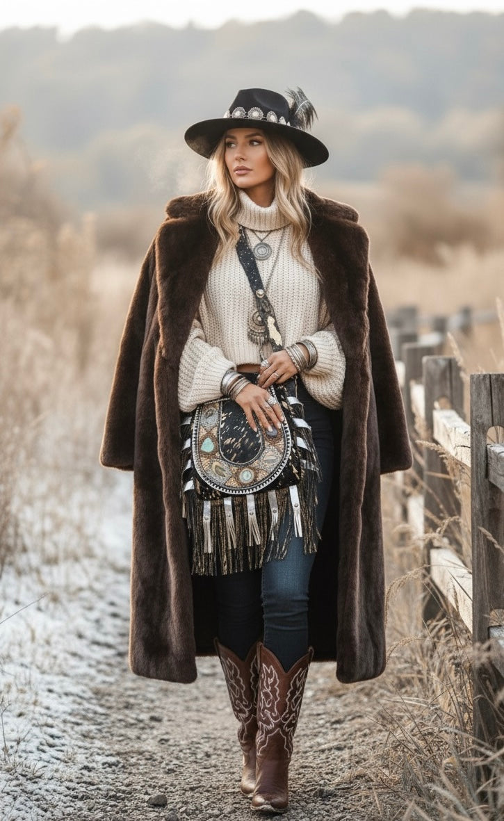 SAC BOHO IBIZAN EN CUIR ET CRISTAUX BLANCS ET DORÉS | 3 couleurs