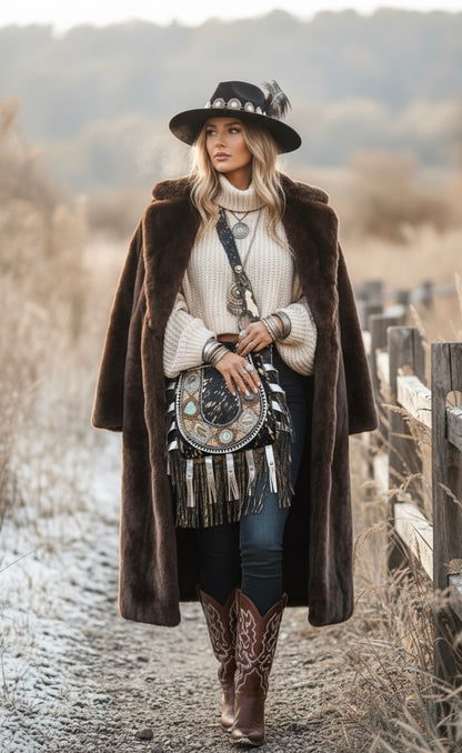 SAC BOHO IBIZAN EN CUIR ET CRISTAUX BLANCS ET DORÉS | 3 couleurs