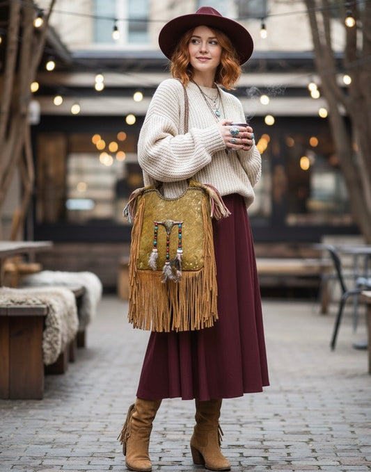BOLSO BOHO CHIC CUADRADO CABEZA BÚFALO Y FLECOS DORADO