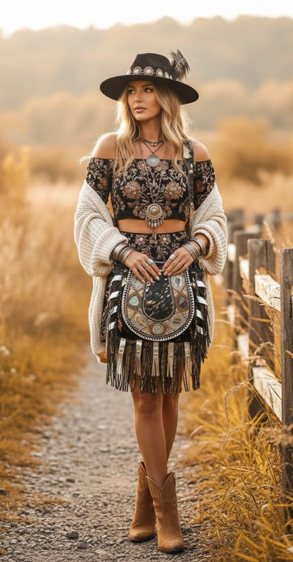 SAC BOHO IBIZAN EN CUIR ET CRISTAUX BLANCS ET DORÉS | 3 couleurs