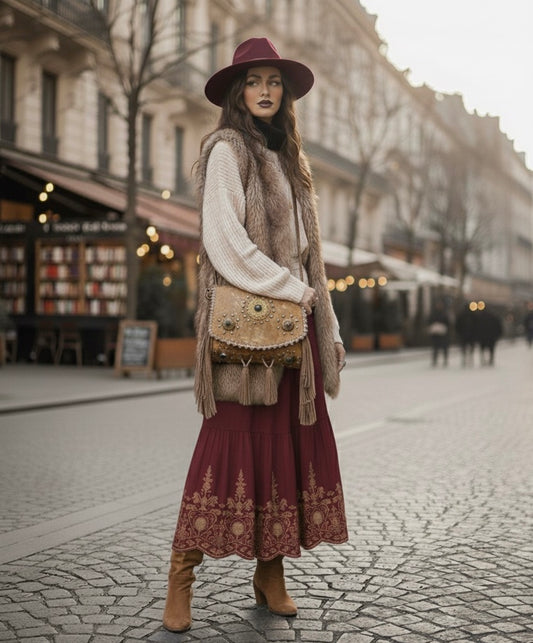 BOLSO BOHEMIO PIEL INDIA DORADO | 4 colores