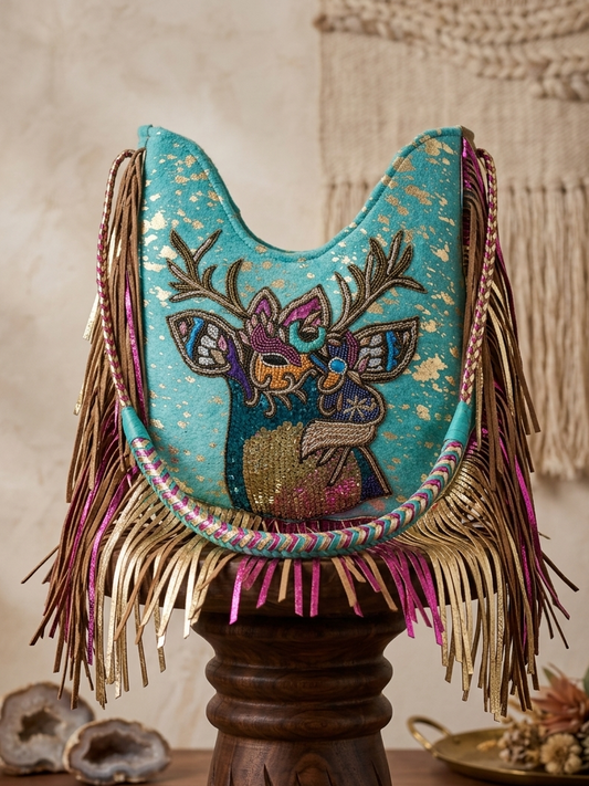 BOLSO BOHO CHIC CIERVO BORDADO CON FLECOS TURQUESA