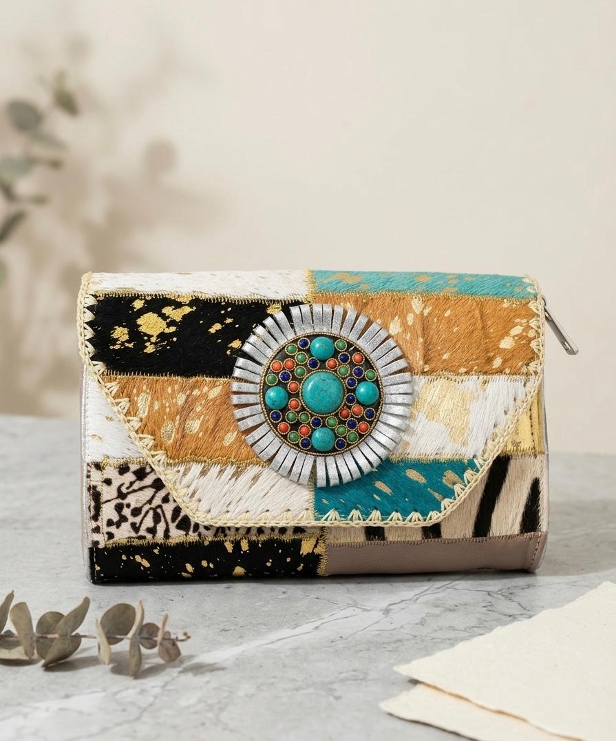 CARTERA DE MANO PIEL ESTILO BOHO CHIC ANIMAL PRINT | Colores y combinaciones mixtas
