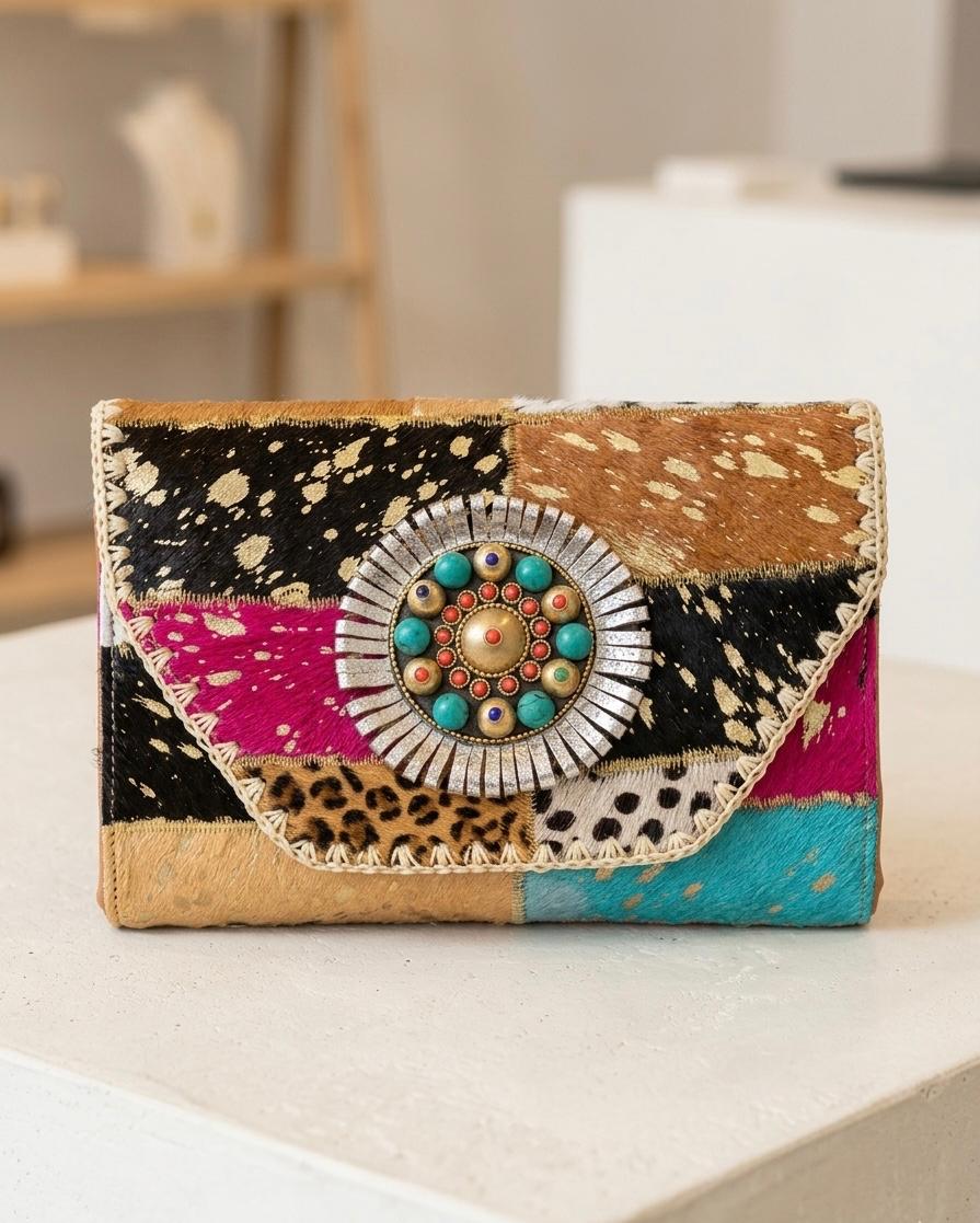 CARTERA DE MANO PIEL ESTILO BOHO CHIC ANIMAL PRINT | Colores y combinaciones mixtas