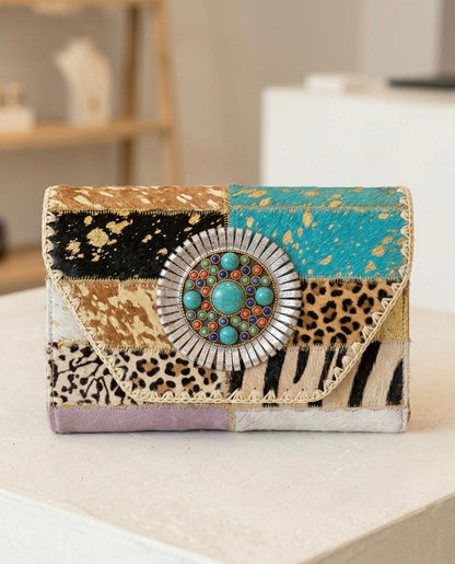 CARTERA DE MANO PIEL ESTILO BOHO CHIC ANIMAL PRINT | Colores y combinaciones mixtas