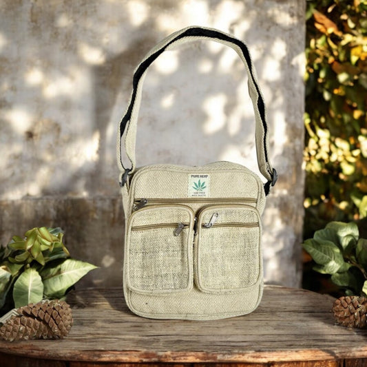 BANDOLERA-MOCHILA DE CÁÑAMO MEDIANA BEIGE NATURAL