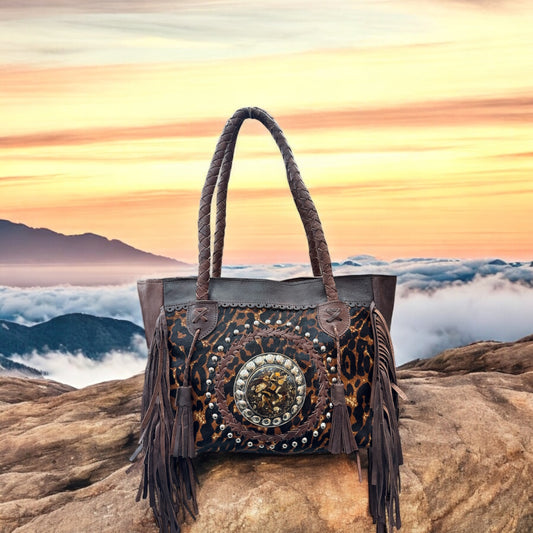 BOLSO GRANDE DE PIEL Y ANIMAL PRINT LEOPARDO CON FLECOS MARRÓN | 2 colores