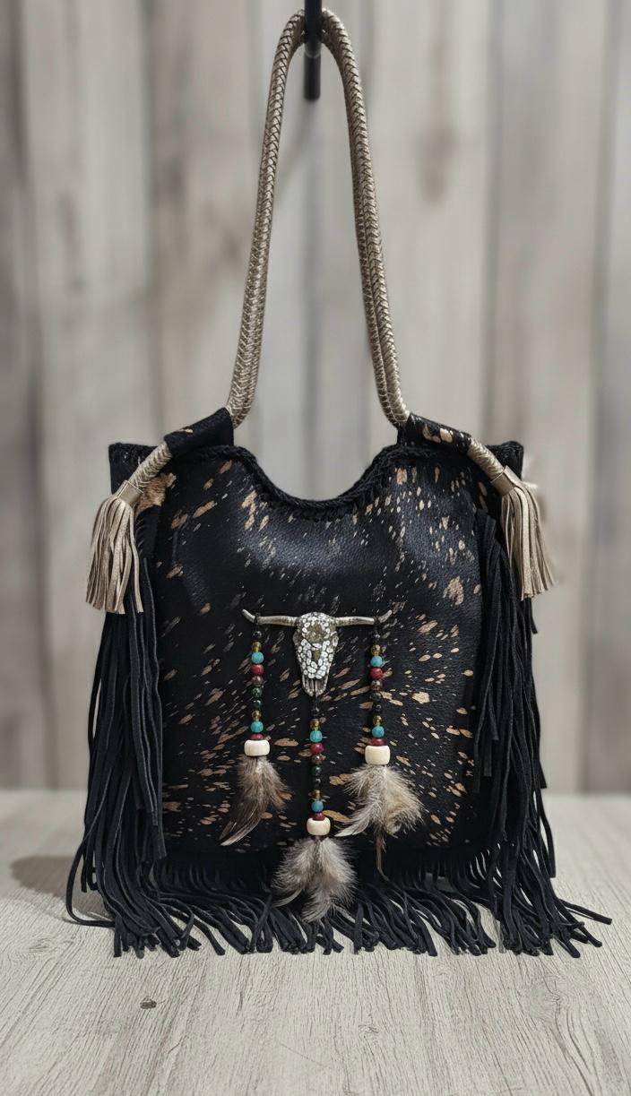 BOLSO BOHO CHIC CUADRADO CABEZA BÚFALO Y FLECOS DORADO | 2 colores