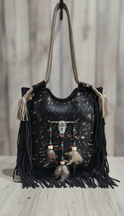BOLSO BOHO CHIC CUADRADO CABEZA BÚFALO Y FLECOS DORADO | 2 colores