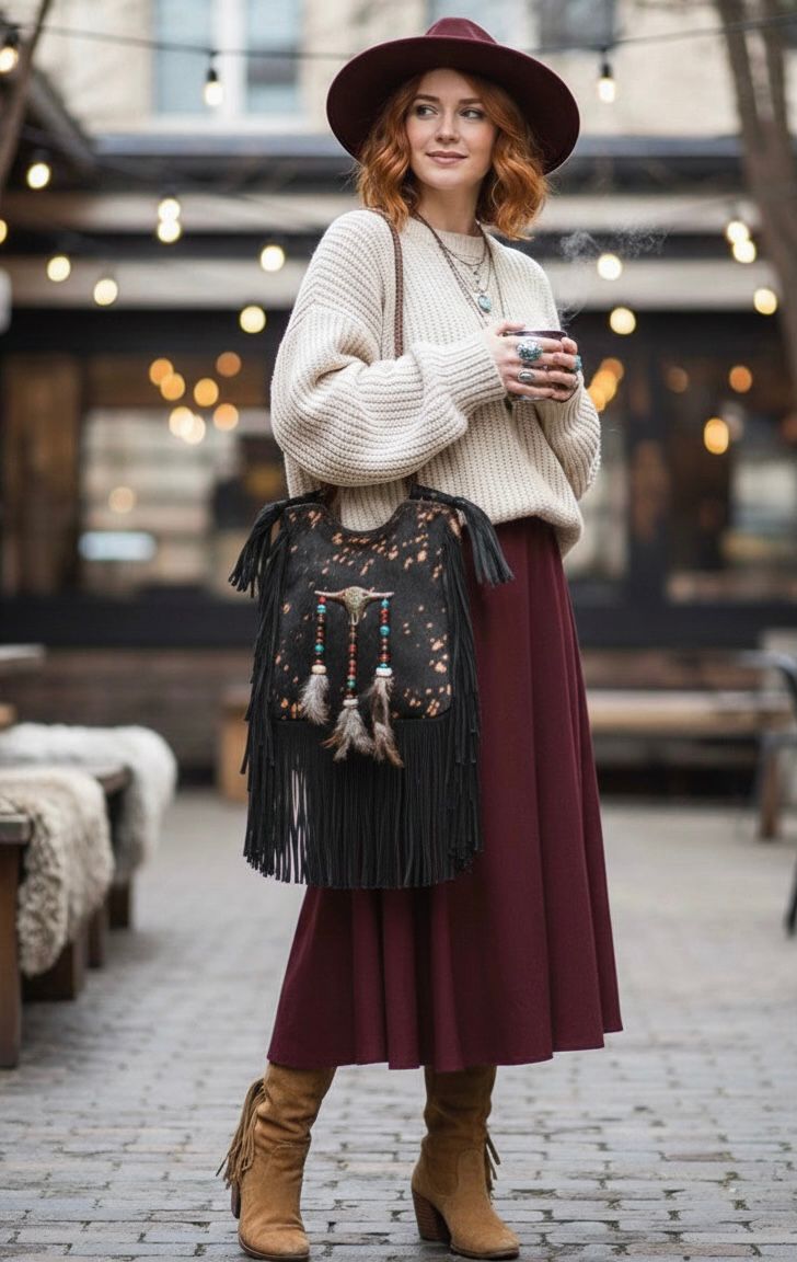 BOLSO BOHO CHIC CUADRADO CABEZA BÚFALO Y FLECOS DORADO | 2 colores