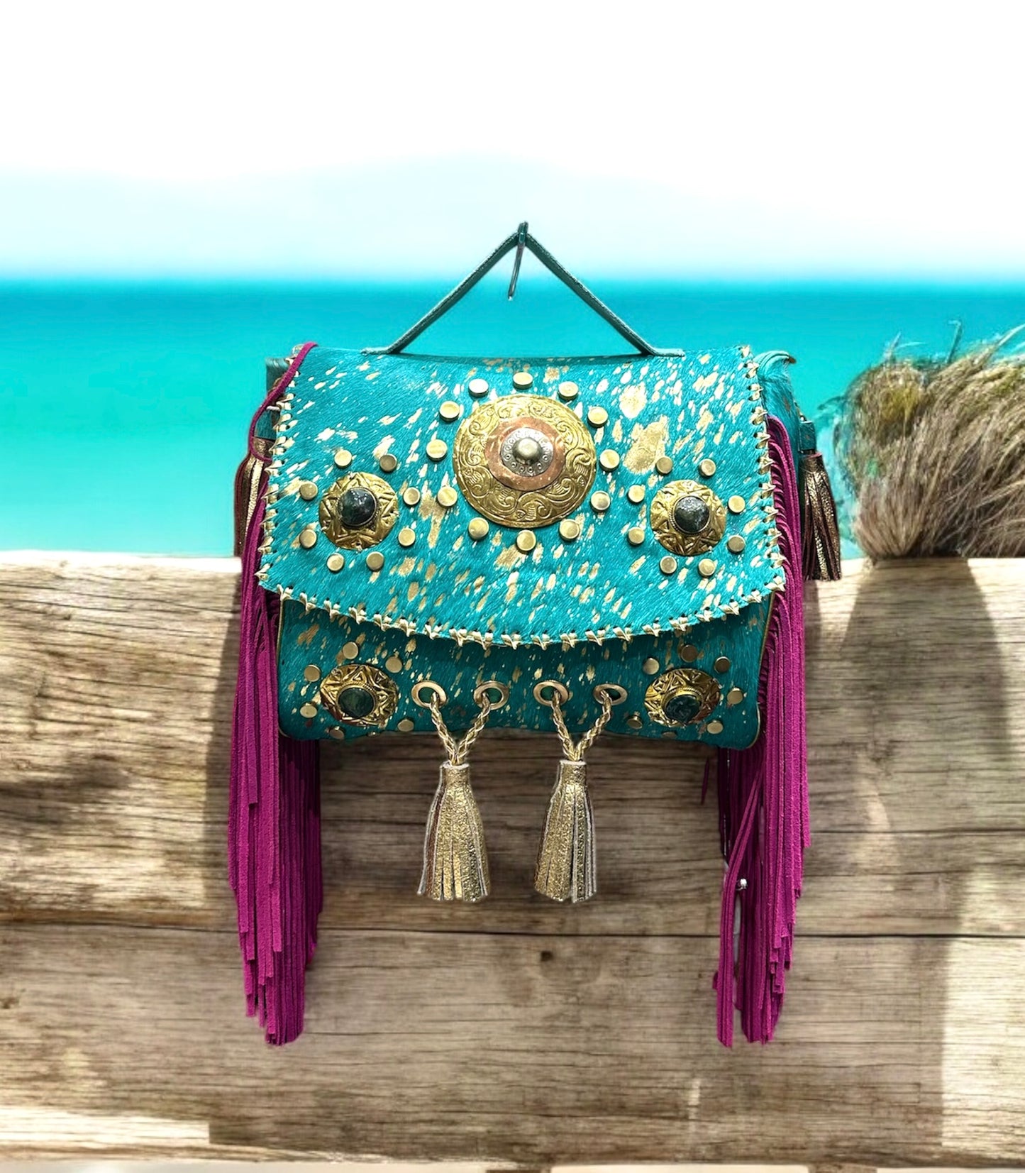 BOLSO BOHEMIO PIEL INDIA AZUL Y FUCSIA | 3 colores