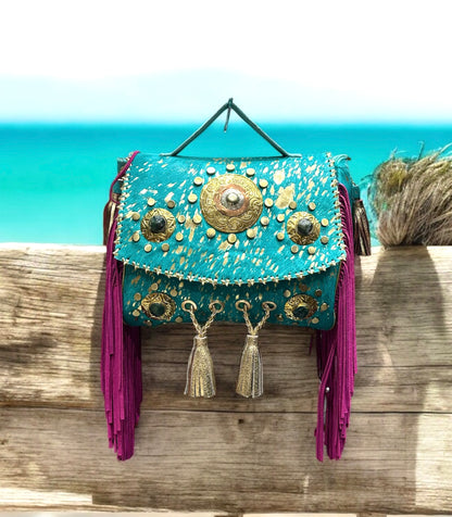 BOLSO BOHEMIO PIEL INDIA AZUL Y FUCSIA | 3 colores
