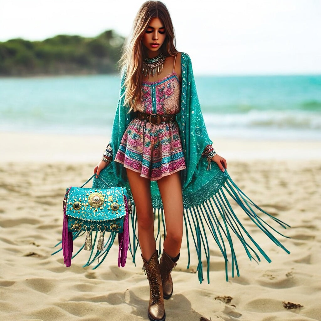 BOLSO BOHEMIO PIEL INDIA AZUL Y FUCSIA | 3 colores