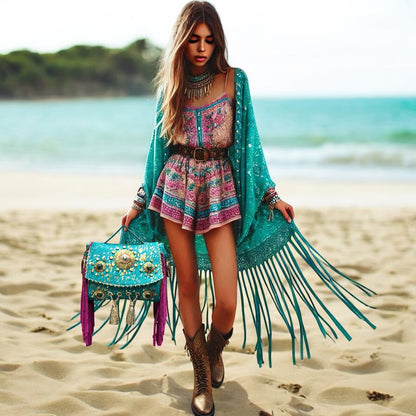 BOLSO BOHEMIO PIEL INDIA AZUL Y FUCSIA | 3 colores