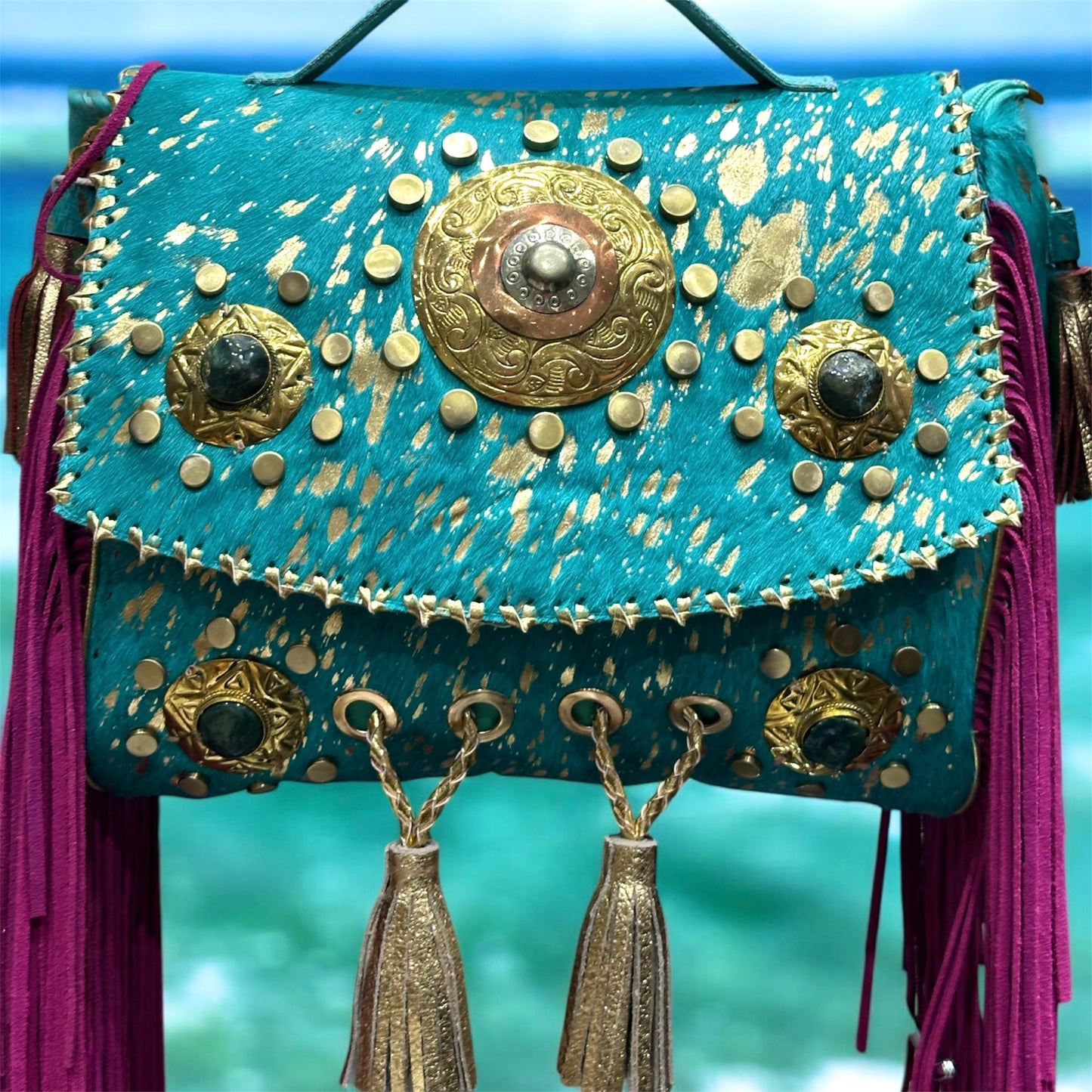 BOLSO BOHEMIO PIEL INDIA AZUL Y FUCSIA | 3 colores