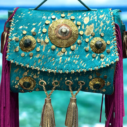 BOLSO BOHEMIO PIEL INDIA AZUL Y FUCSIA | 3 colores