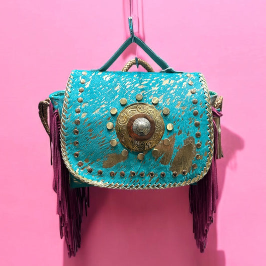 BOLSO DE PIEL INDIA ESTILO BOHO CHIC AZUL Y ROSA FUCSIA | 3 colores