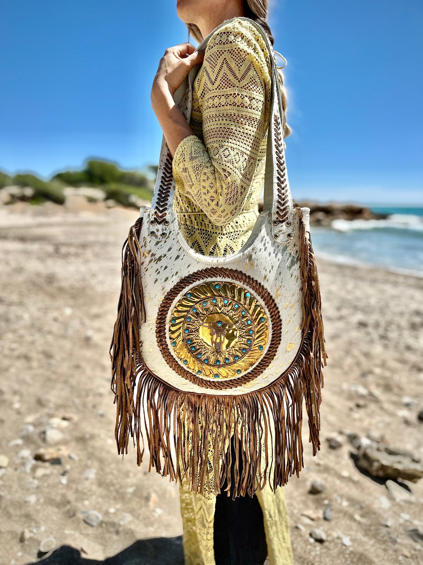 BOLSO BOHO CHIC IBIZA BOHEMIO CON FLECOS BLANCO | 2 colores