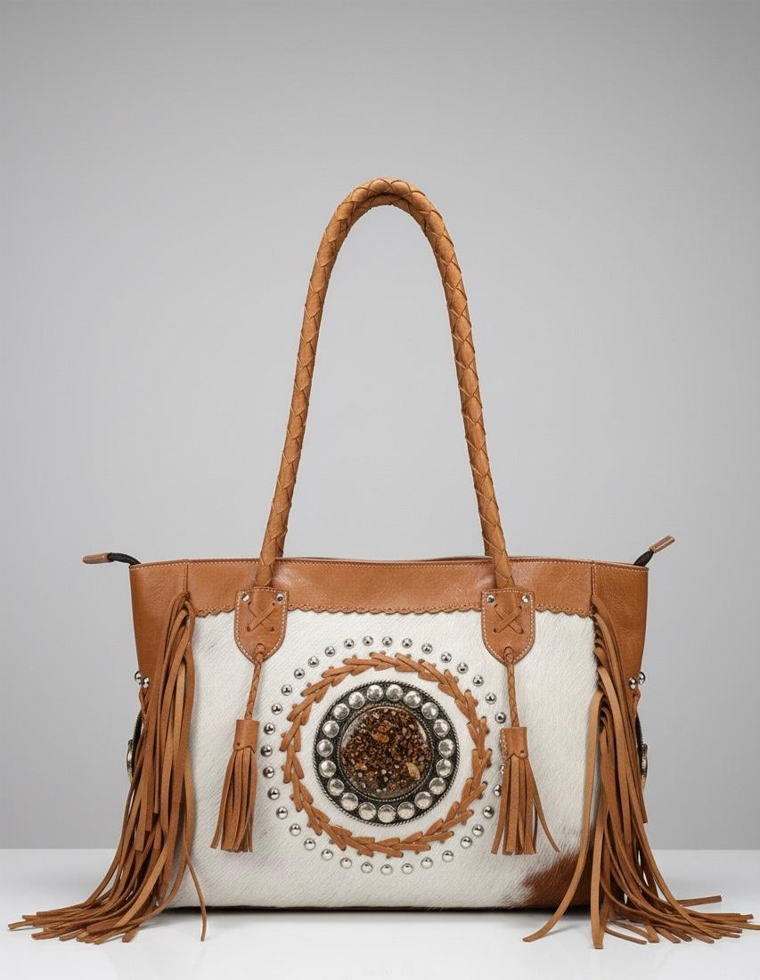 BOLSO DE PIEL CON PELO NATURAL Y FLECOS BOHO-WESTERN MARRÓN| 2 colores