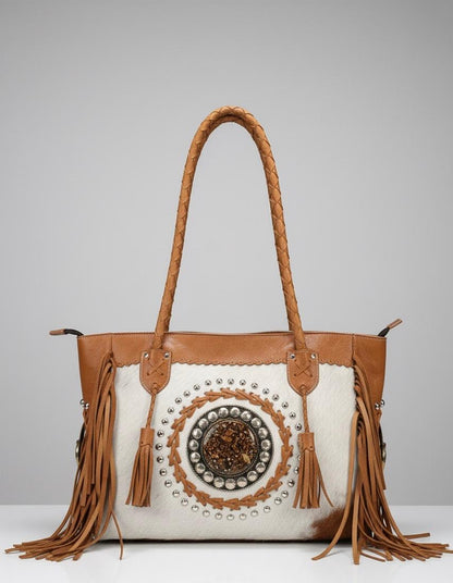 BOLSO DE PIEL CON PELO NATURAL Y FLECOS BOHO-WESTERN MARRÓN| 2 colores