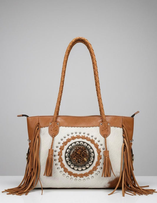 BOLSO DE PIEL CON PELO NATURAL Y FLECOS BOHO-WESTERN MARRÓN| 2 colores