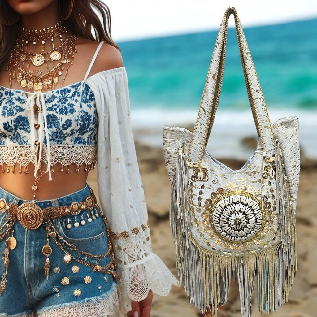 BOHO CHIC BAG WITH FRINGES AND SHELLS WHITE | 3 colors