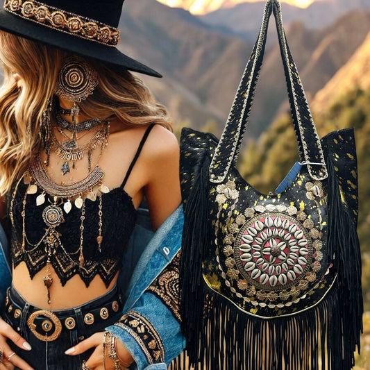 BOLSO BOHO CHIC CON FLECOS Y CONCHAS NEGRO | 3 colores