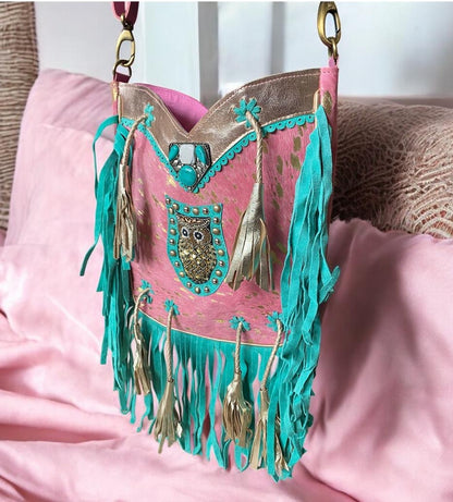 BOLSO PIEL BOHO DE HOMBRO CON FLECOS BOLSOS HIPPIES ESTILO