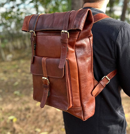 MOCHILA GRANDE DE COURO COM FECHO RETO CASTANHO ESCURO | 3 cores